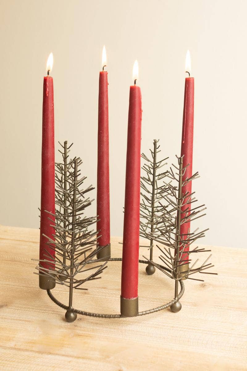 ROUND WIRE CHRISTMAS TREES TABLETOP TAPER CANDELABRA: Brown / Metal/Wire / 12"d x 9"t