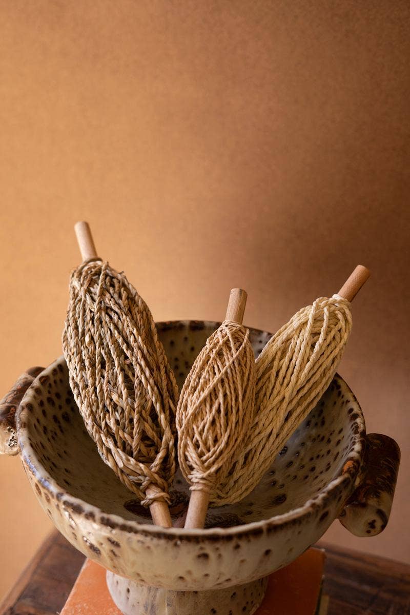 SET OF THREE SPOOLS OF PAPER ROPE: Brown / Paper Rope/Wood / Large: 11.5"t; 
Medium: 10"t;  
Small: 8"t