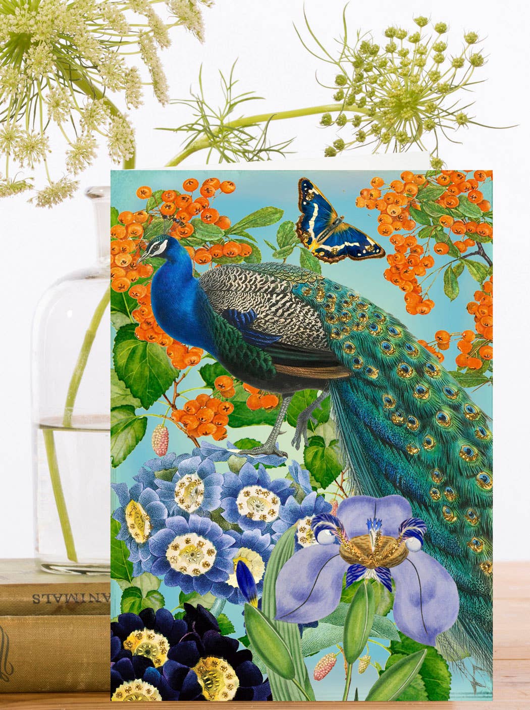 Peacock Hand Glittered Blank Greeting Card