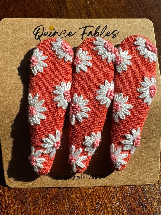 Floral Embroidered Linen Teardrop Hair Barrette, Red Daisy