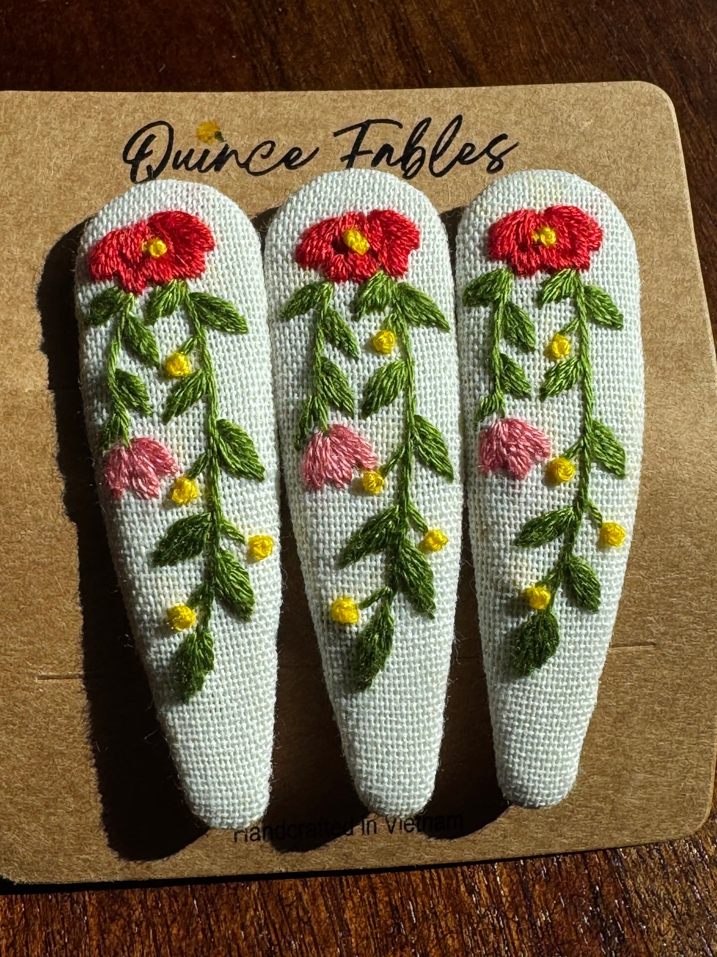 Floral Embroidered Linen Teardrop Hair Barrette, White with Green Vine