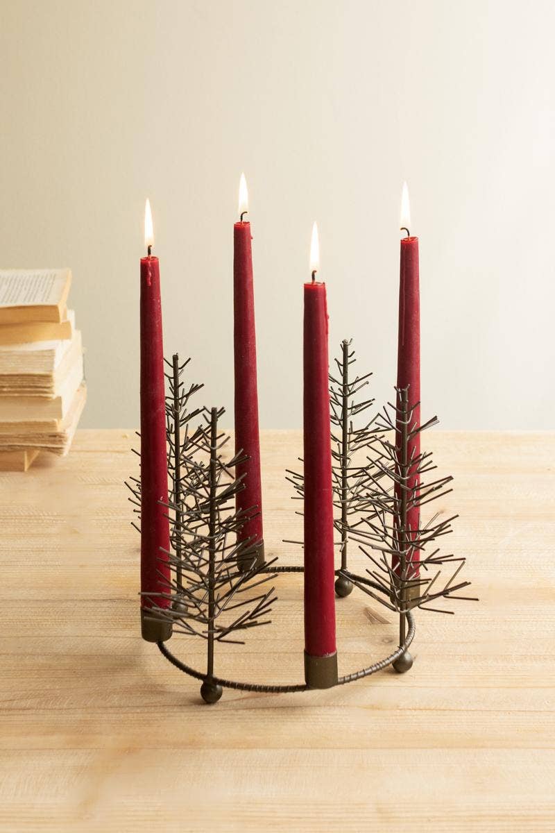 ROUND WIRE CHRISTMAS TREES TABLETOP TAPER CANDELABRA: Brown / Metal/Wire / 12"d x 9"t