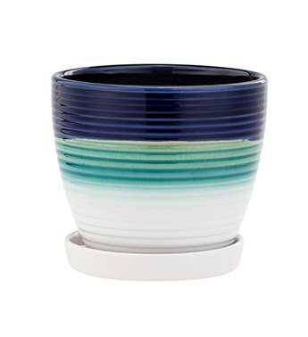 6.5in Blue Teal White Stripped Ribbed Planter  Item # 13820