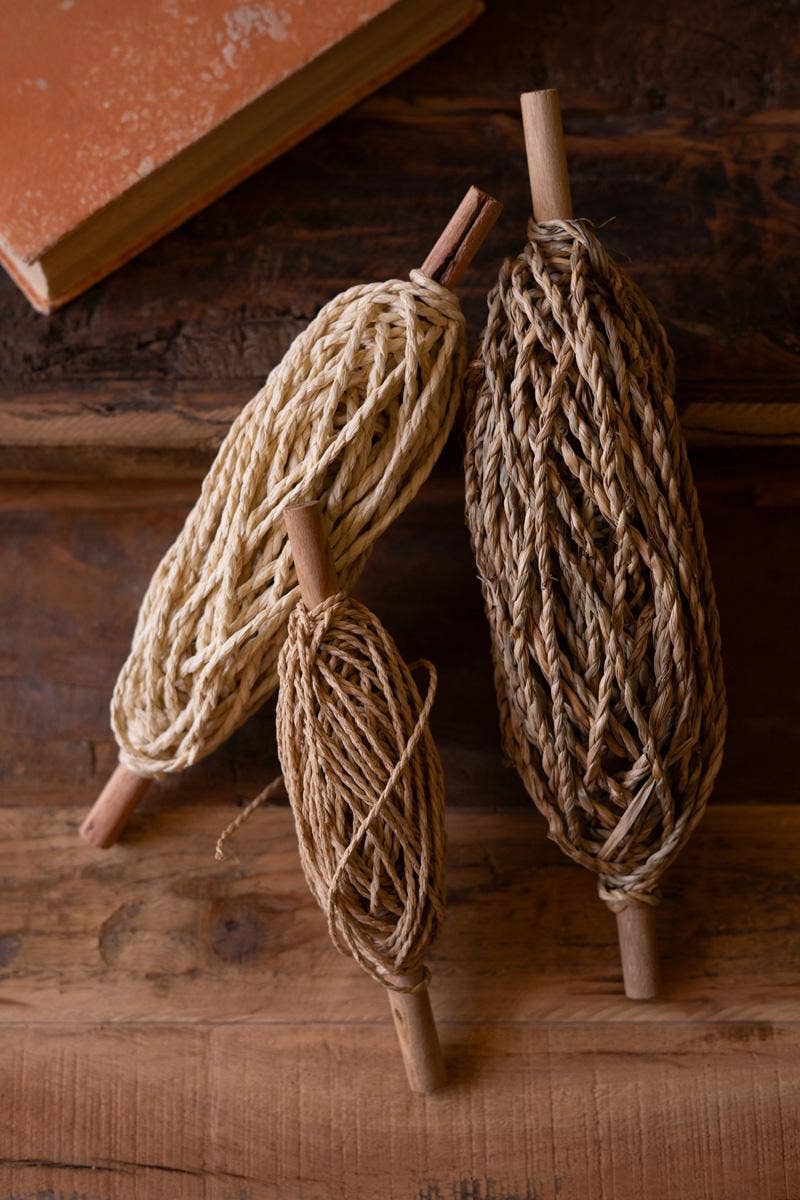 SET OF THREE SPOOLS OF PAPER ROPE: Brown / Paper Rope/Wood / Large: 11.5"t; 
Medium: 10"t;  
Small: 8"t