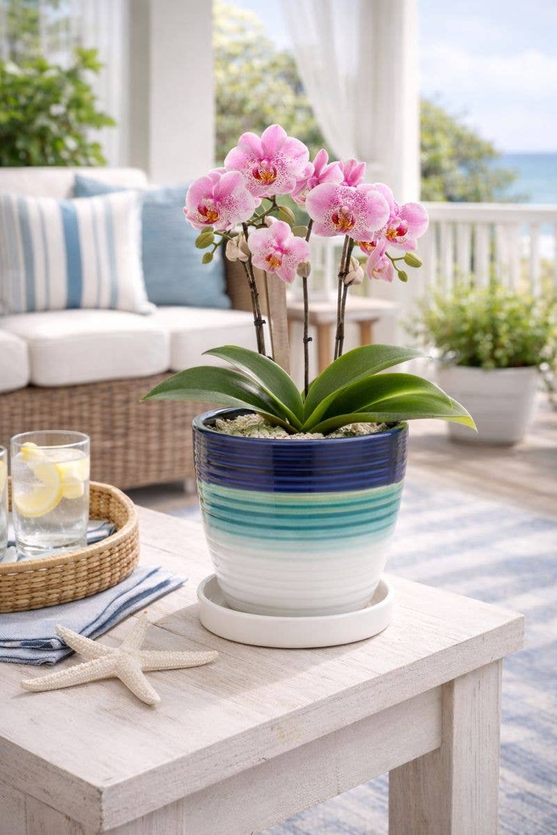 6.5in Blue Teal White Stripped Ribbed Planter  Item # 13820